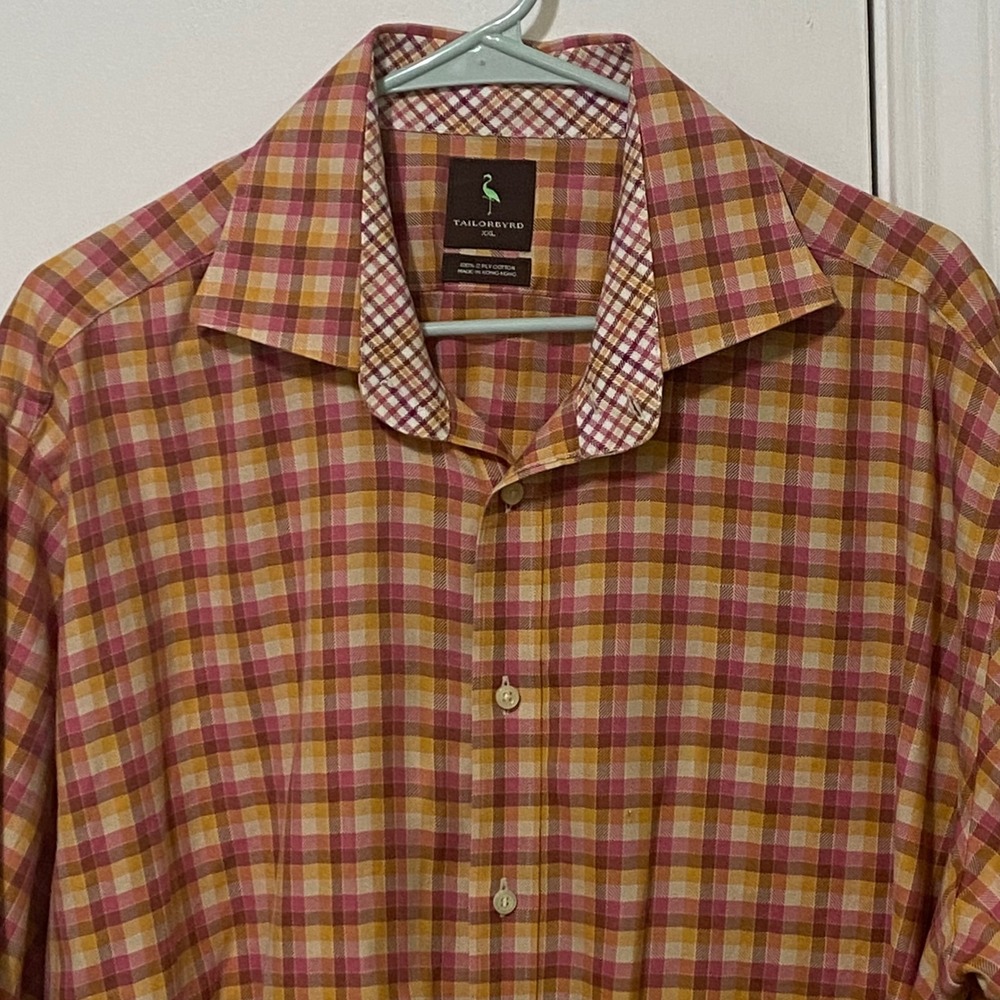 Vtg Tailorbyrd Mens Flip Cuff Button Up Casual Dress Shirt XXL Pink Plaid Preppy